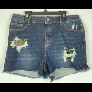 New Judy Blue Womens Jean Denim Shorts Camo Patch Dark Wash Distressed XL